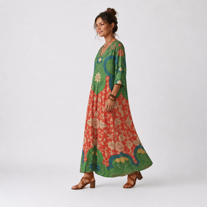 Sloane | Vestido Midi Estampado con Cuello en V y Bolsillos
