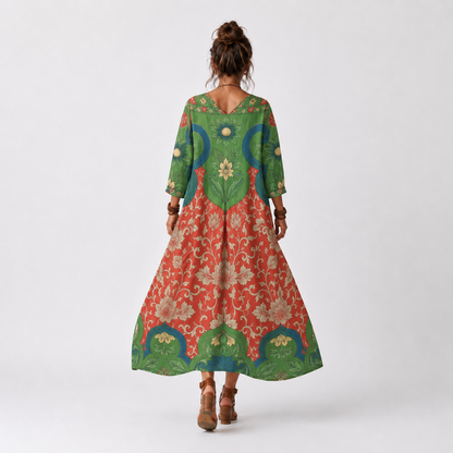 Sloane | Vestido Midi Estampado con Cuello en V y Bolsillos