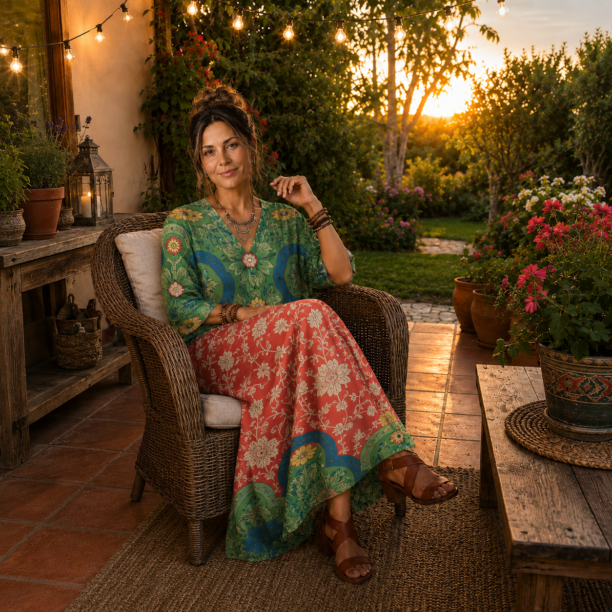 Sloane | Vestido Midi Estampado con Cuello en V y Bolsillos