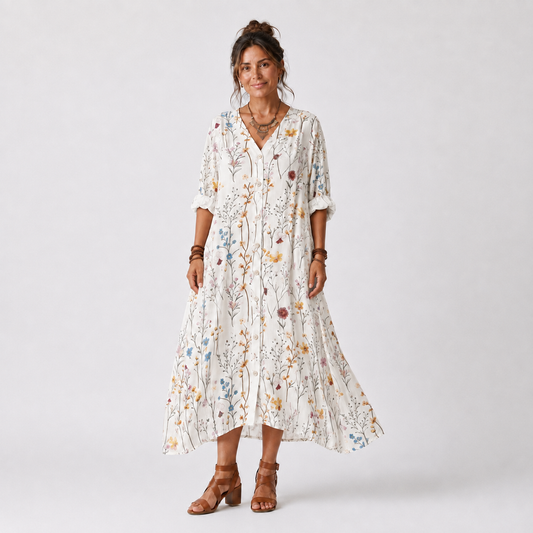 Sylvie | Vestido Midi Botanico con Cuello de Borlas