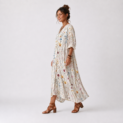 Sylvie | Vestido Midi Botanico con Cuello de Borlas