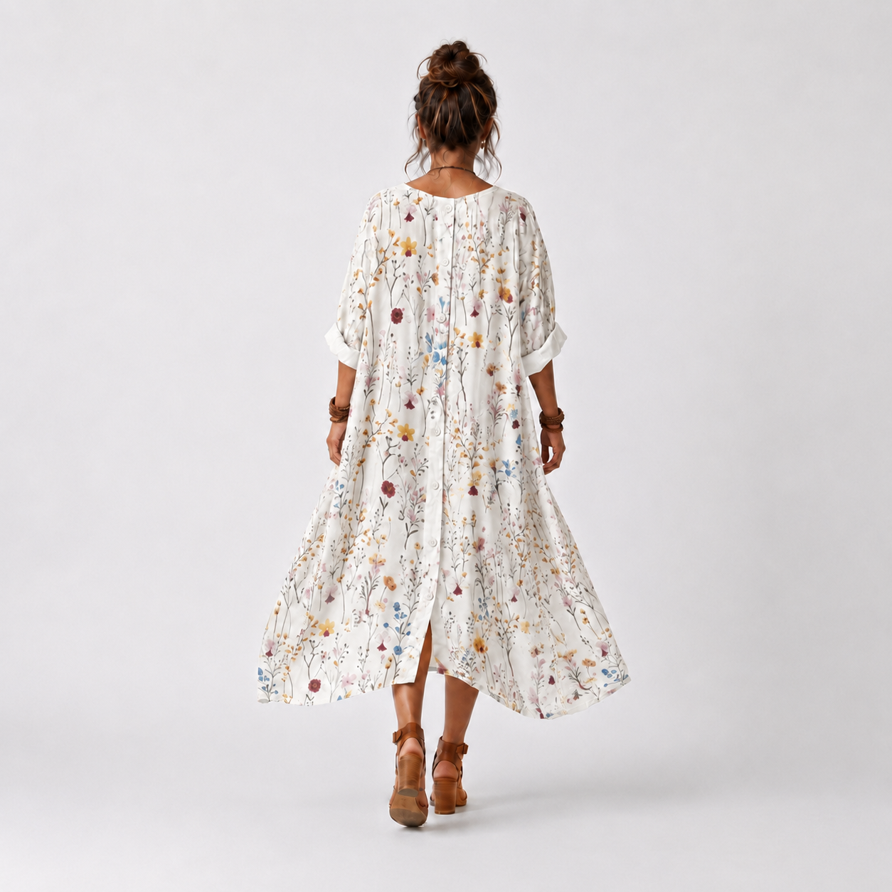 Sylvie | Vestido Midi Botanico con Cuello de Borlas
