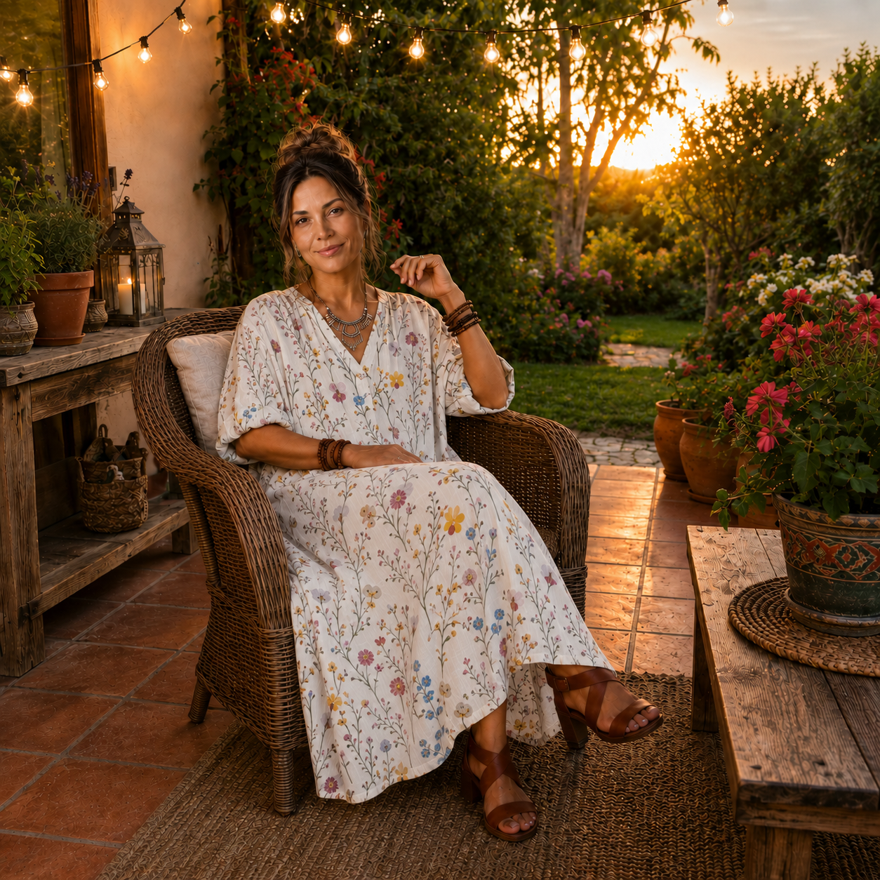 Sylvie | Vestido Midi Botanico con Cuello de Borlas