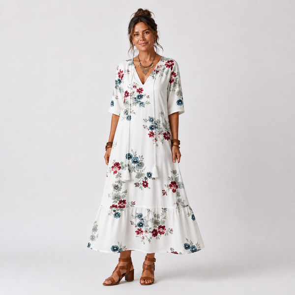 Maeva | Vestido Midi Floral con Cuello de Borlas