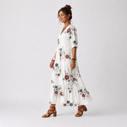 Maeva | Vestido Midi Floral con Cuello de Borlas