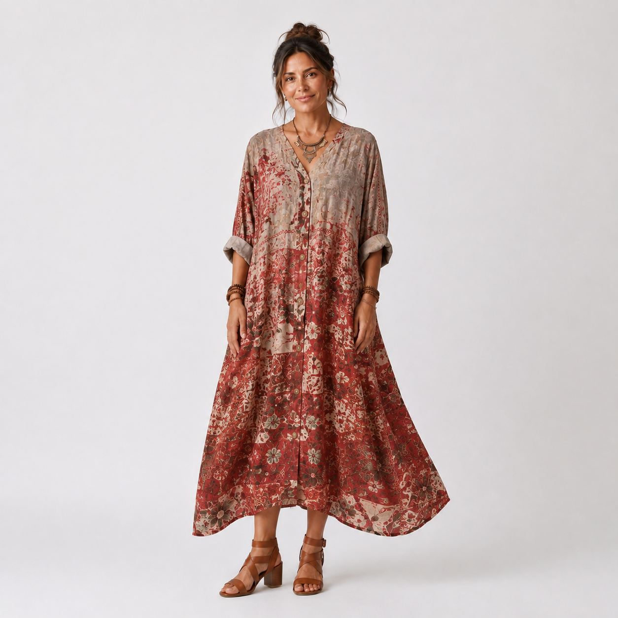Saffron | Vestido Midi Estampado Relajado con Bolsillos