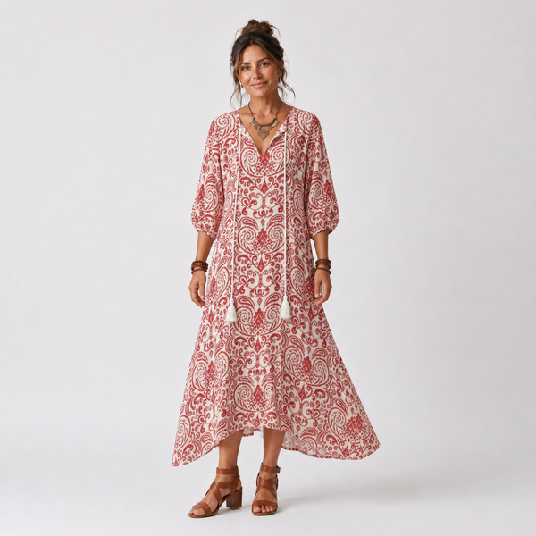 Noelle | Vestido Midi Estampado con Cuello de Borlas Largas