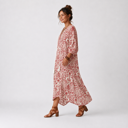 Noelle | Vestido Midi Estampado con Cuello de Borlas Largas