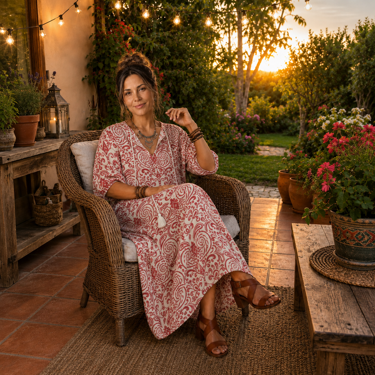 Noelle | Vestido Midi Estampado con Cuello de Borlas Largas