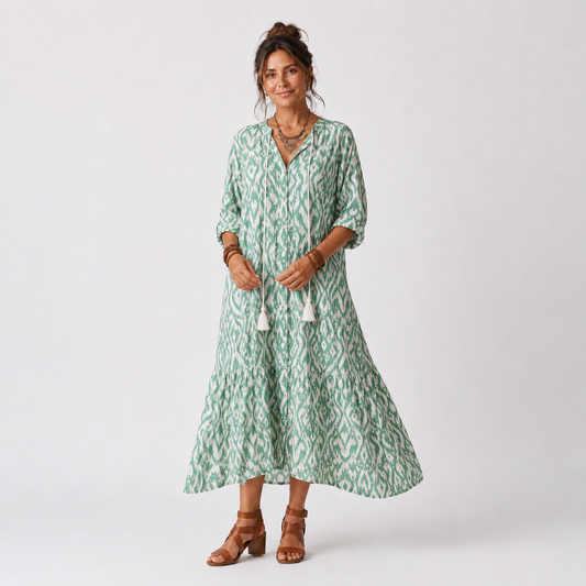 Ilara | Vestido Midi Estampado con Cuello en V y Borlas