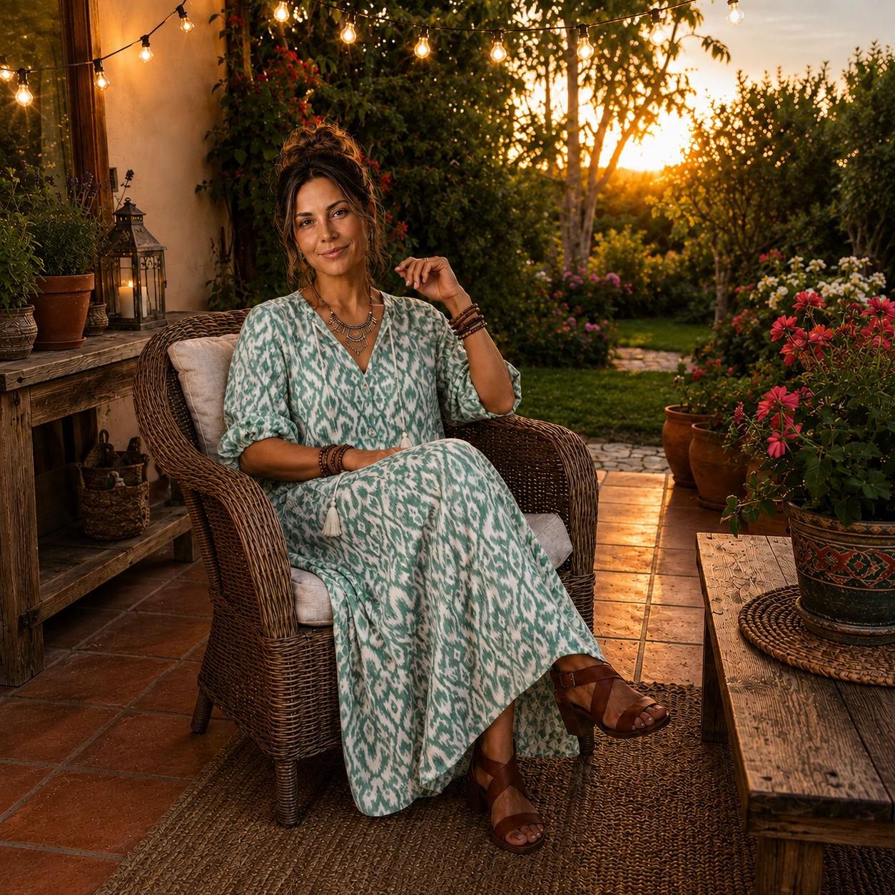 Ilara | Vestido Midi Estampado con Cuello en V y Borlas
