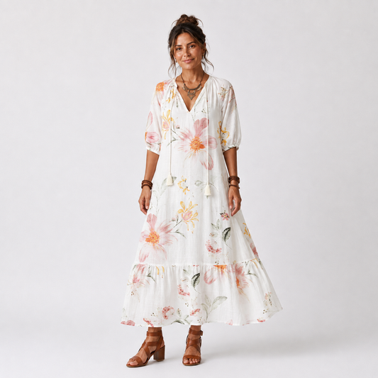 Noa | Vestido Midi Floral Escalonado con Cuello de Borlas