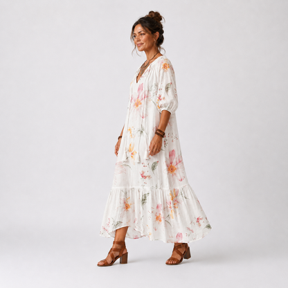 Noa | Vestido Midi Floral Escalonado con Cuello de Borlas