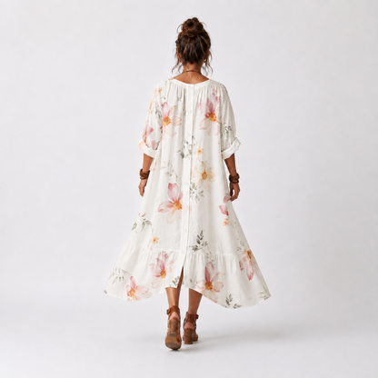 Noa | Vestido Midi Floral Escalonado con Cuello de Borlas