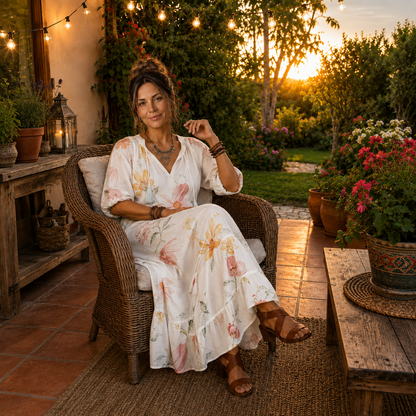 Noa | Vestido Midi Floral Escalonado con Cuello de Borlas