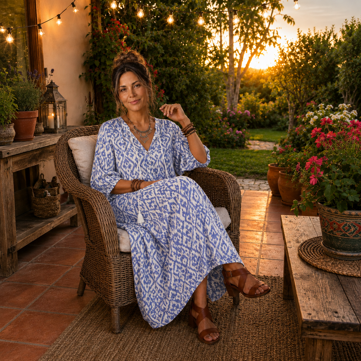 Ottoline | Vestido Midi Estampado con Cuello de Borlas