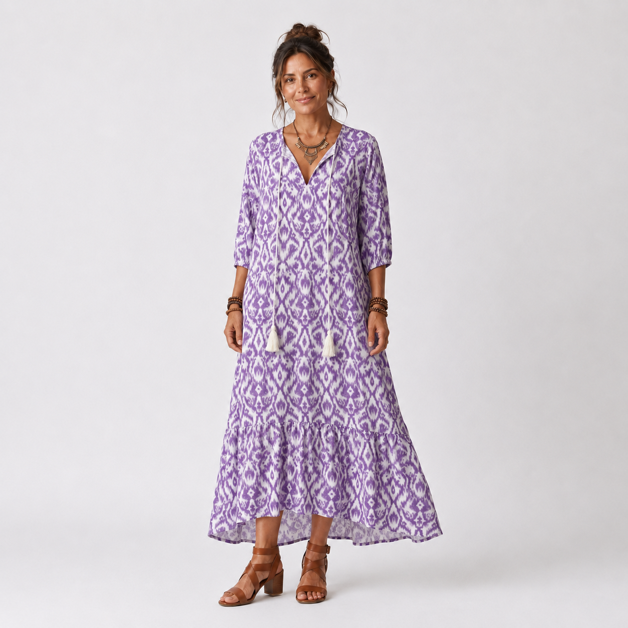 Penelope | Vestido Midi Estampado con Cuello de Borlas