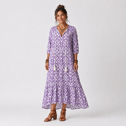 Penelope | Vestido Midi Estampado con Cuello de Borlas
