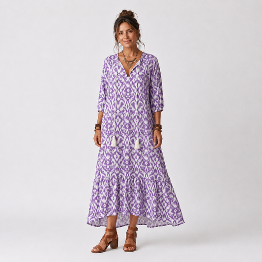 Penelope | Vestido Midi Estampado con Cuello de Borlas