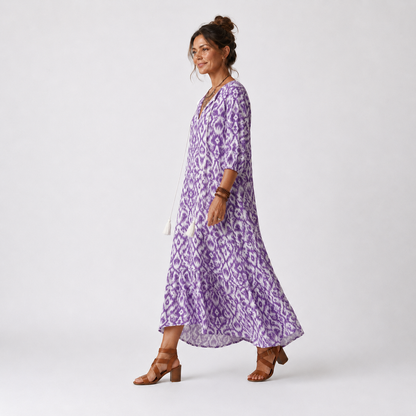 Penelope | Vestido Midi Estampado con Cuello de Borlas