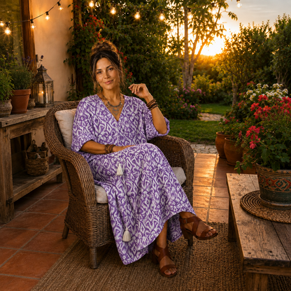 Penelope | Vestido Midi Estampado con Cuello de Borlas