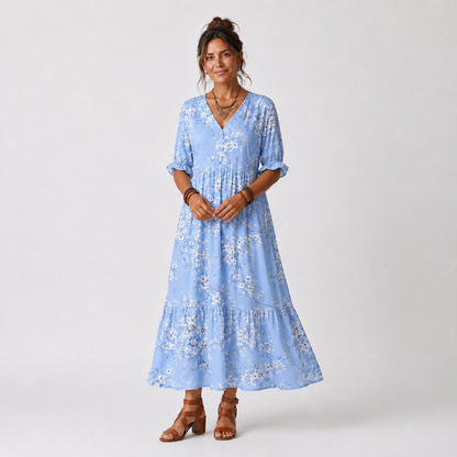 Alora | Vestido Midi Floral con Cuello de Borlas