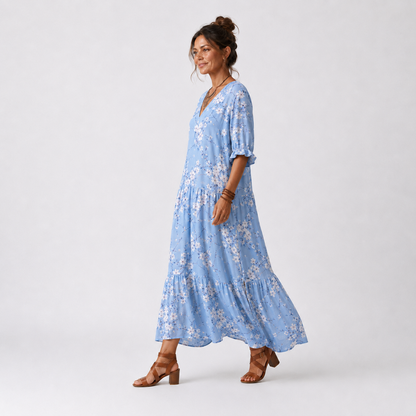 Alora | Vestido Midi Floral con Cuello de Borlas