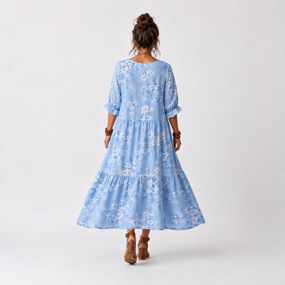 Alora | Vestido Midi Floral con Cuello de Borlas