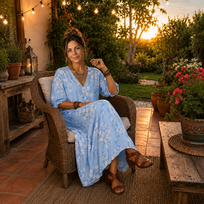 Alora | Vestido Midi Floral con Cuello de Borlas