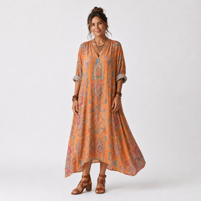 Remi | Vestido Midi Estampado Oversize con Cuello Muesca y Bolsillos
