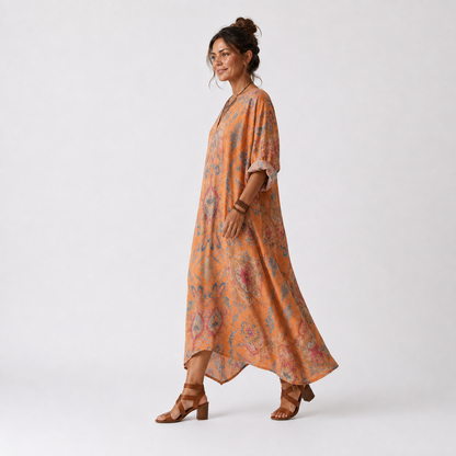 Remi | Vestido Midi Estampado Oversize con Cuello Muesca y Bolsillos