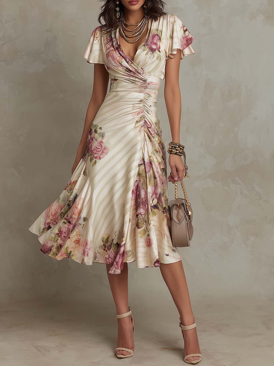 Margaret | Vestido midi de satén con flores en estilo vintage