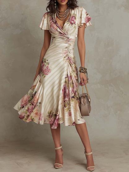 Margaret | Vestido midi de satén con flores en estilo vintage