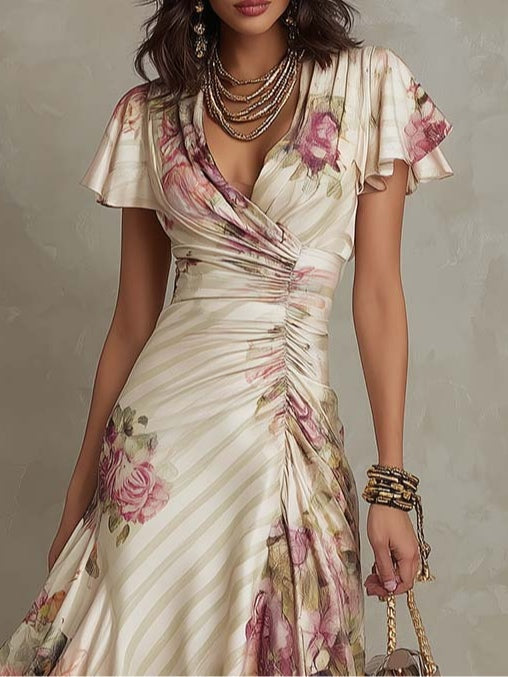 Margaret | Vestido midi de satén con flores en estilo vintage