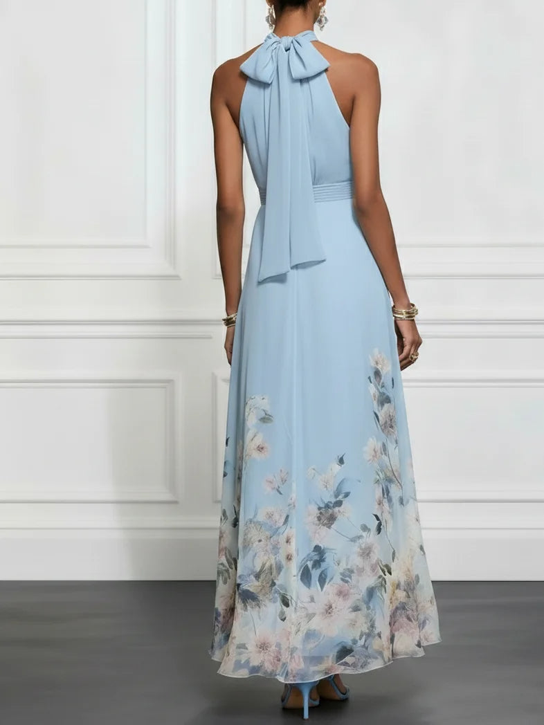Rosalyn | Vestido maxi de chiffon azul con flores y escote halter