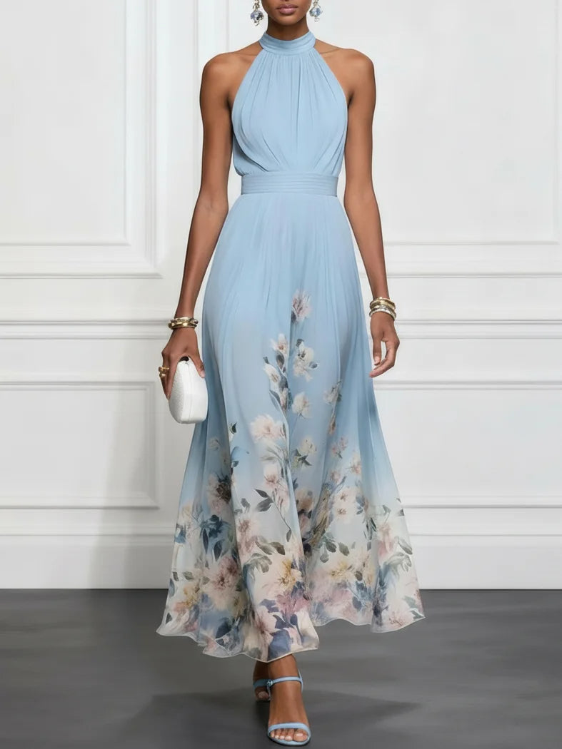 Rosalyn | Vestido maxi de chiffon azul con flores y escote halter