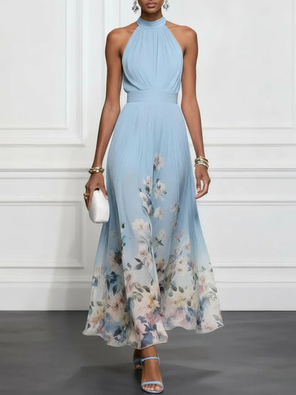 Rosalyn | Vestido maxi de chiffon azul con flores y escote halter