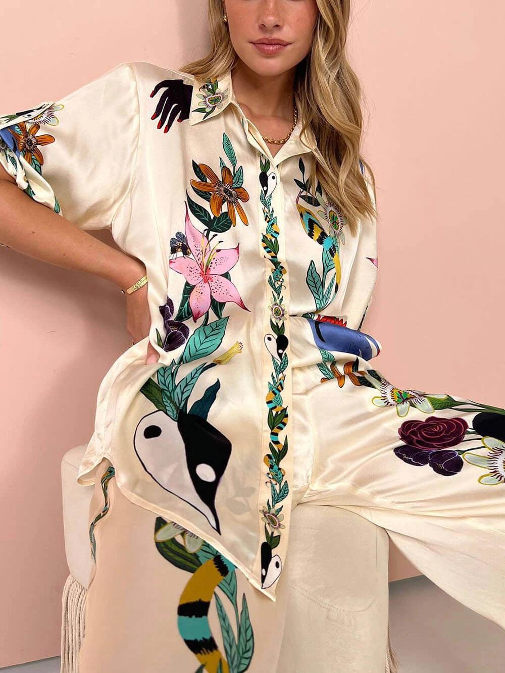 Nika | Conjunto de satén para resort: camisa y pantalones con un diseño único