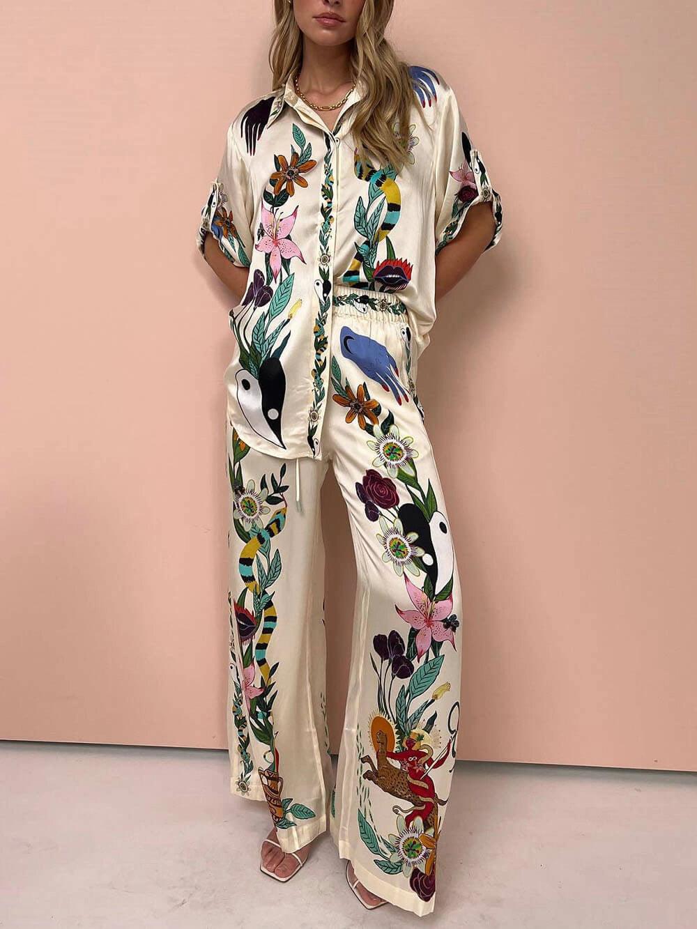 Nika | Conjunto de satén para resort: camisa y pantalones con un diseño único
