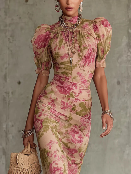 Mae | Vestido maxi de rosas en estilo vintage con mangas abullonadas
