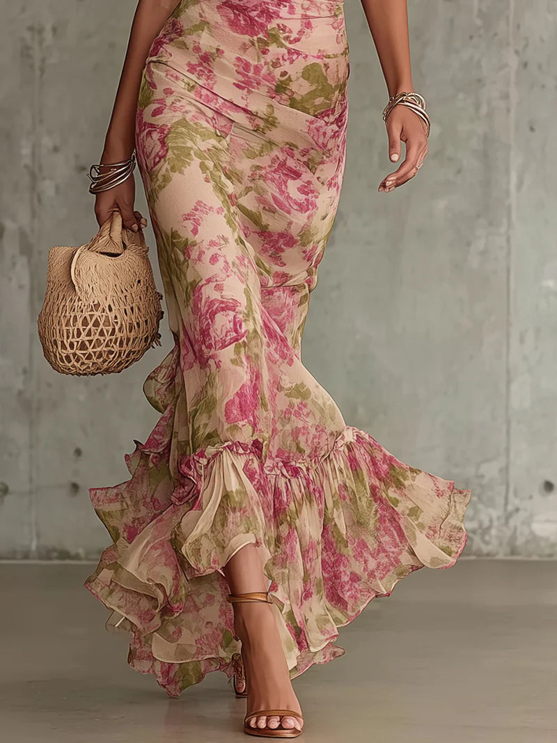 Mae | Vestido maxi de rosas en estilo vintage con mangas abullonadas