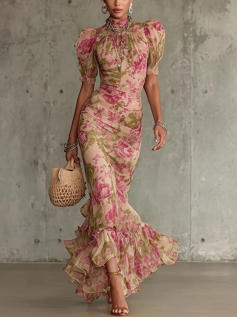 Mae | Vestido maxi de rosas en estilo vintage con mangas abullonadas