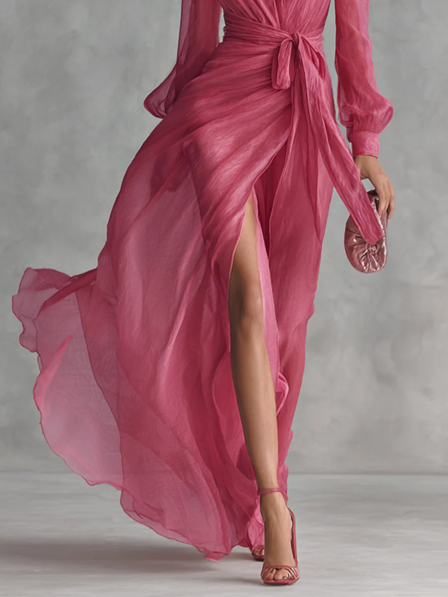 Beatrice | Elegante vestido largo de chiffon con escote en V y cintura ajustable.