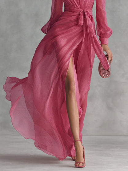 Beatrice | Elegante vestido largo de chiffon con escote en V y cintura ajustable.