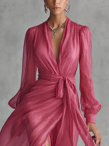 Beatrice | Elegante vestido largo de chiffon con escote en V y cintura ajustable.