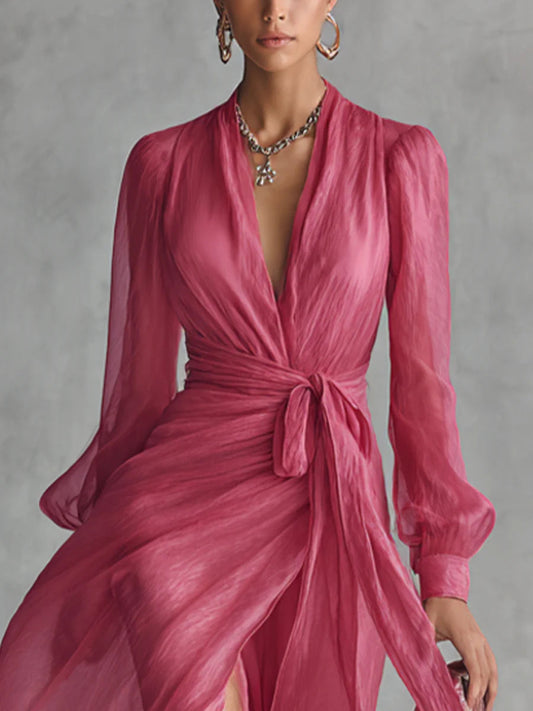 Beatrice | Elegante vestido largo de chiffon con escote en V y cintura ajustable.