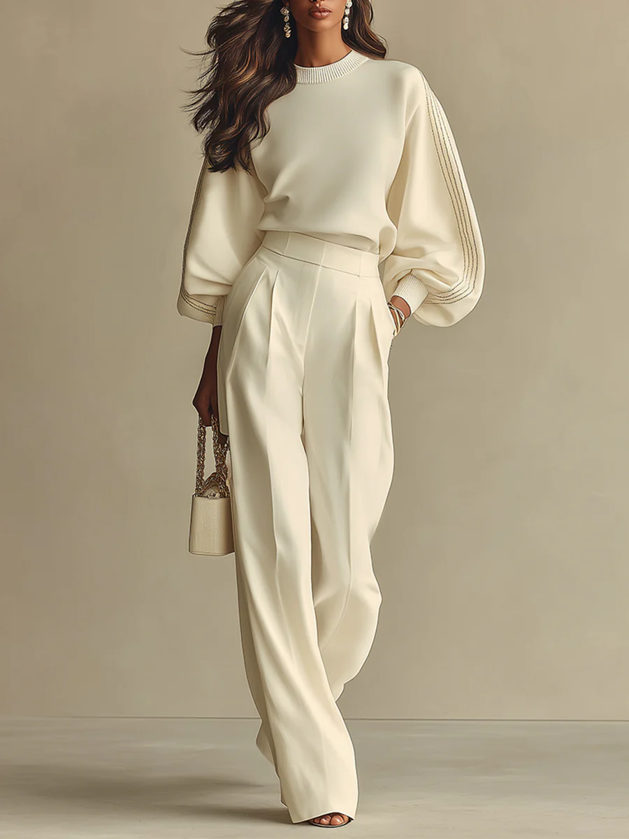 Isa | Conjunto en color marfil: blusa y pantalones anchos de tiro alto