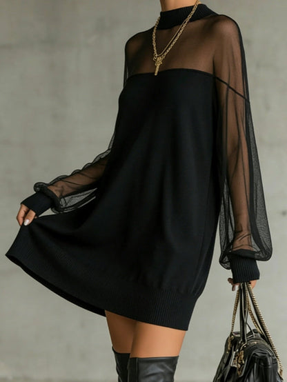 Daisy | Vestido midi negro con manga de malla y escote alto