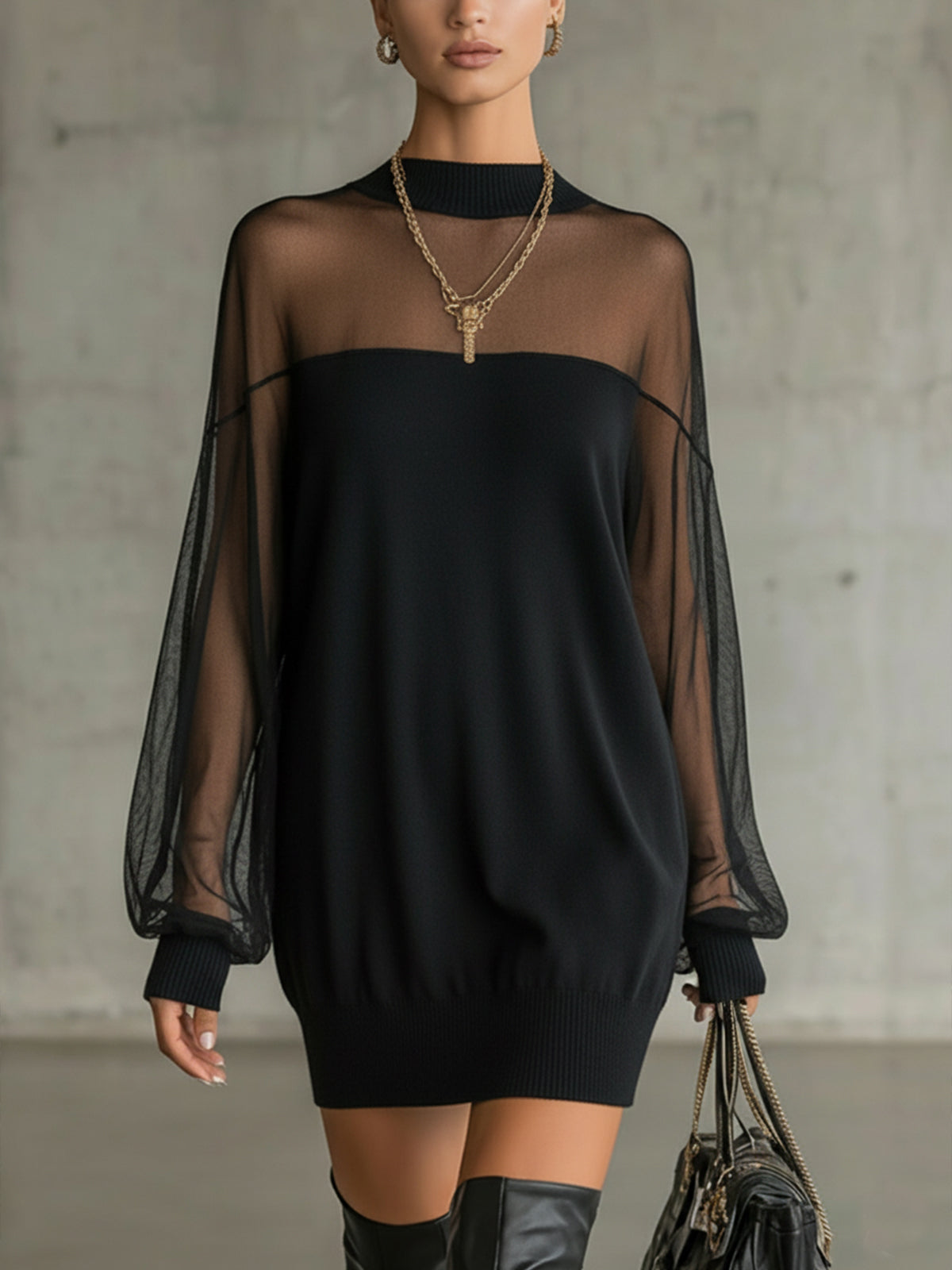 Daisy | Vestido midi negro con manga de malla y escote alto