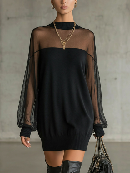 Daisy | Vestido midi negro con manga de malla y escote alto